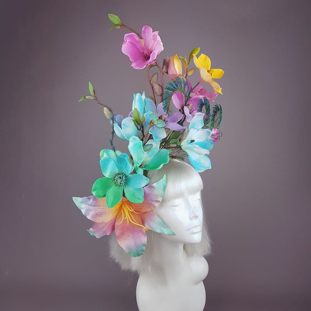 "Éclairer" Rainbow Magnolia Flower & Peacock Feather Headpiece