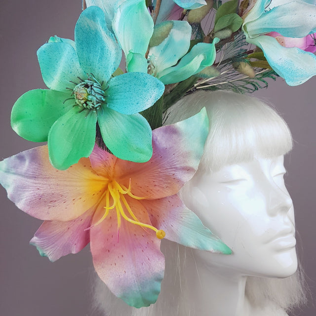 "Éclairer" Rainbow Magnolia Flower & Peacock Feather Headpiece