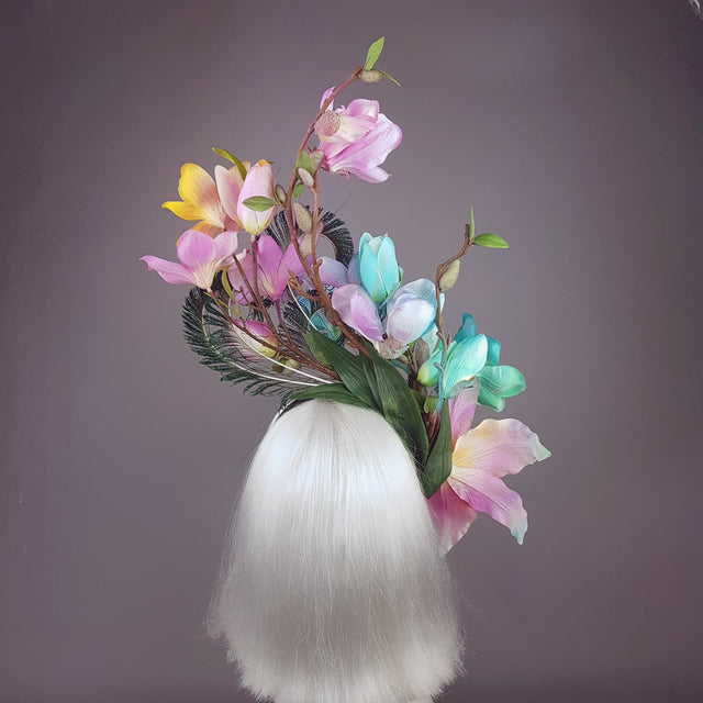 "Éclairer" Rainbow Magnolia Flower & Peacock Feather Headpiece