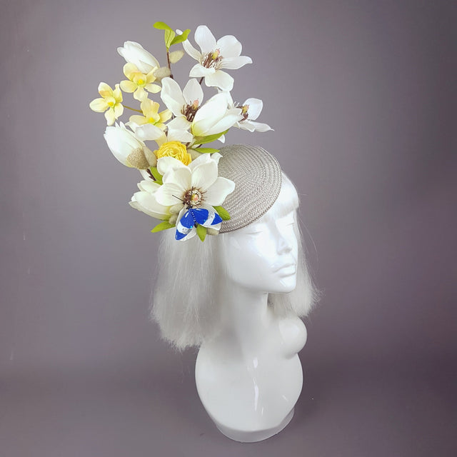 "Lorilla" Grey and Yellow Magnolia Flowers Fascinator Hat