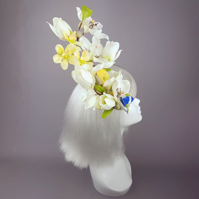 "Lorilla" Grey and Yellow Magnolia Flowers Fascinator Hat