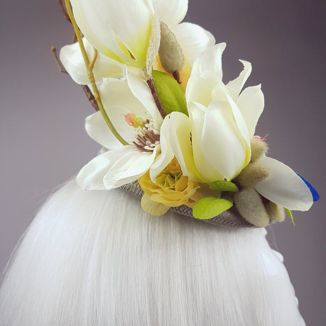 "Lorilla" Grey and Yellow Magnolia Flowers Fascinator Hat
