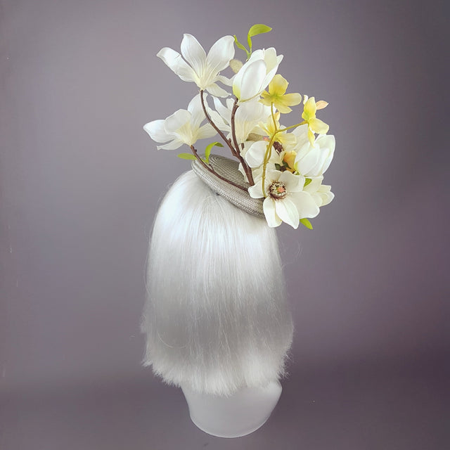 "Lorilla" Grey and Yellow Magnolia Flowers Fascinator Hat