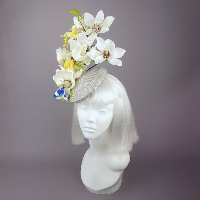 "Lorilla" Grey and Yellow Magnolia Flowers Fascinator Hat