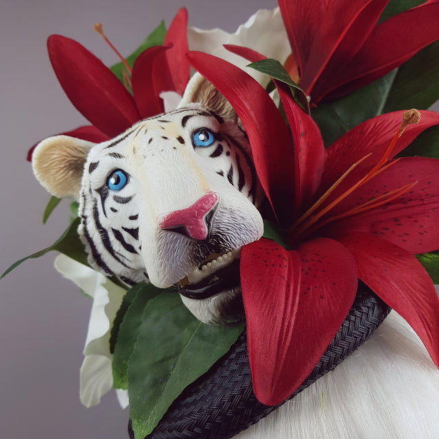 "Baekho" Tiger Red & Black Tropical Flower Fascinator Hat