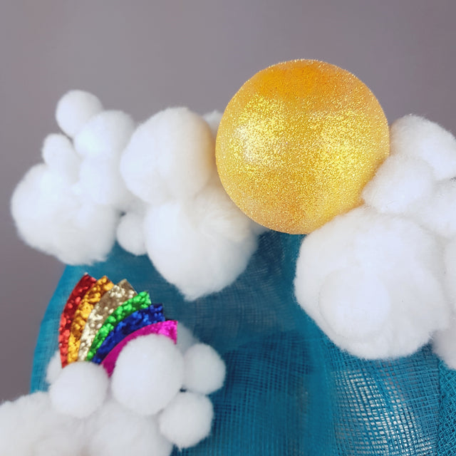 "Oh The Places You'll Go" Hot Air Balloon, Sun Clouds & Rainbow Fascinator Hat