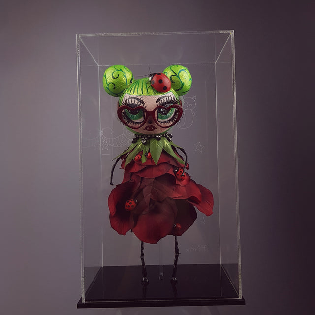 "Rosebud" Rose & Ladybird Doll LowBrow Art Sculpture in Perspex Box