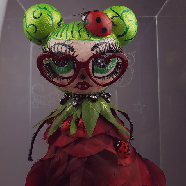 "Rosebud" Rose & Ladybird Doll LowBrow Art Sculpture in Perspex Box