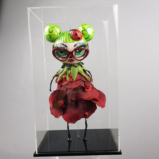 "Rosebud" Rose & Ladybird Doll LowBrow Art Sculpture in Perspex Box