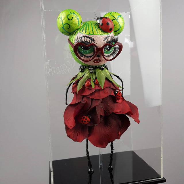 "Rosebud" Rose & Ladybird Doll LowBrow Art Sculpture in Perspex Box