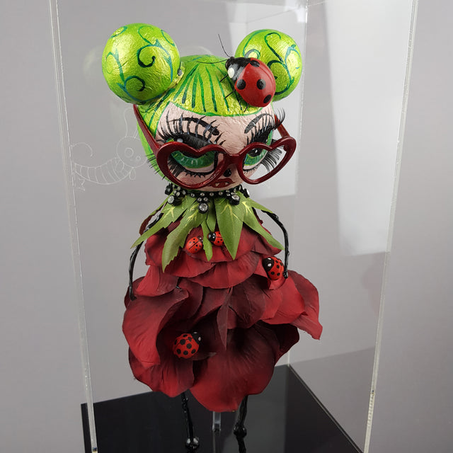 "Rosebud" Rose & Ladybird Doll LowBrow Art Sculpture in Perspex Box