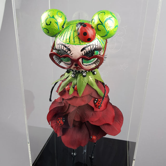 "Rosebud" Rose & Ladybird Doll LowBrow Art Sculpture in Perspex Box
