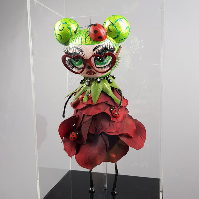 "Rosebud" Rose & Ladybird Doll LowBrow Art Sculpture in Perspex Box