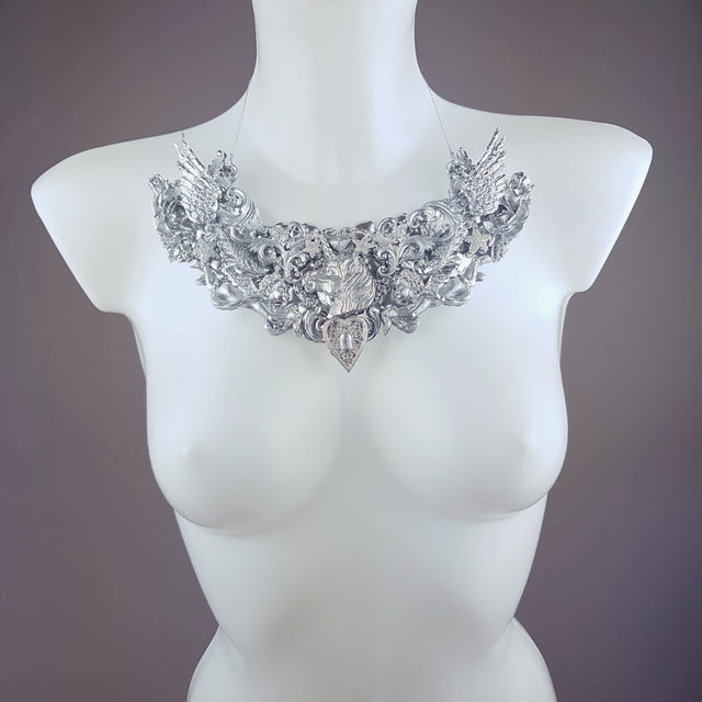 "Daeva" Wing & Unicorn Silver Filigree Neckpiece