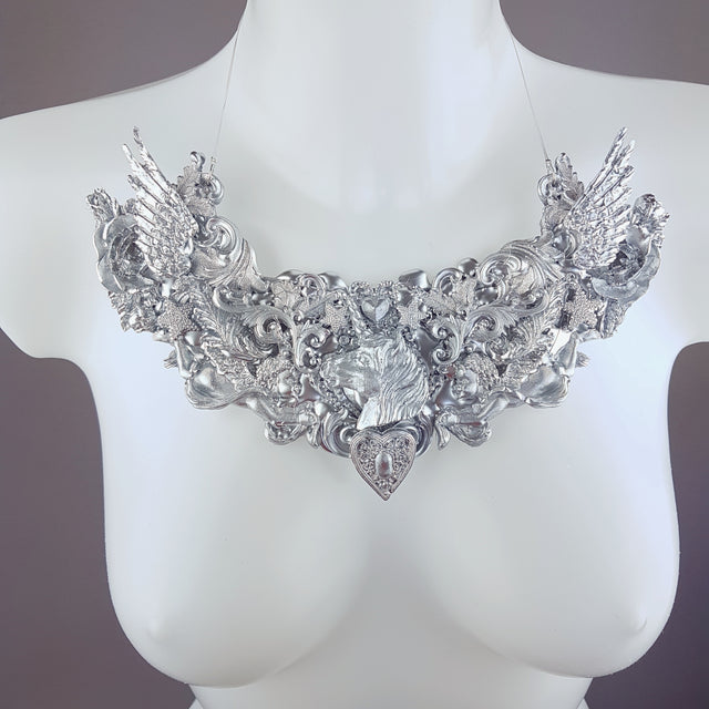 "Daeva" Wing & Unicorn Silver Filigree Neckpiece