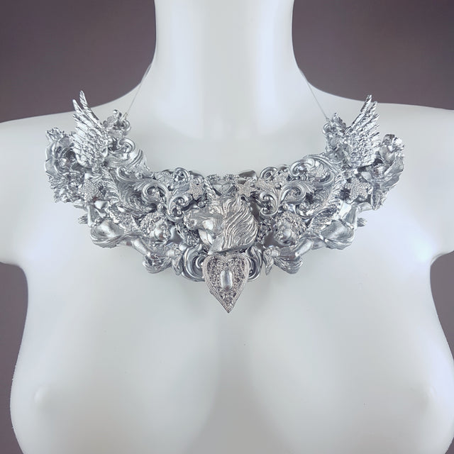 "Daeva" Wing & Unicorn Silver Filigree Neckpiece