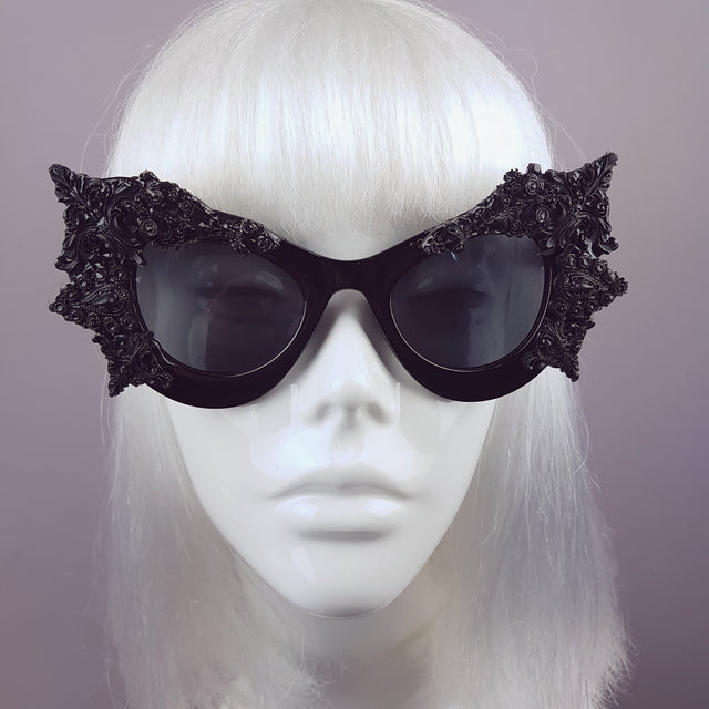 "Eisheth" Black Filigree Bat Catseye Sunglasses