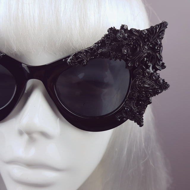 "Eisheth" Black Filigree Bat Catseye Sunglasses