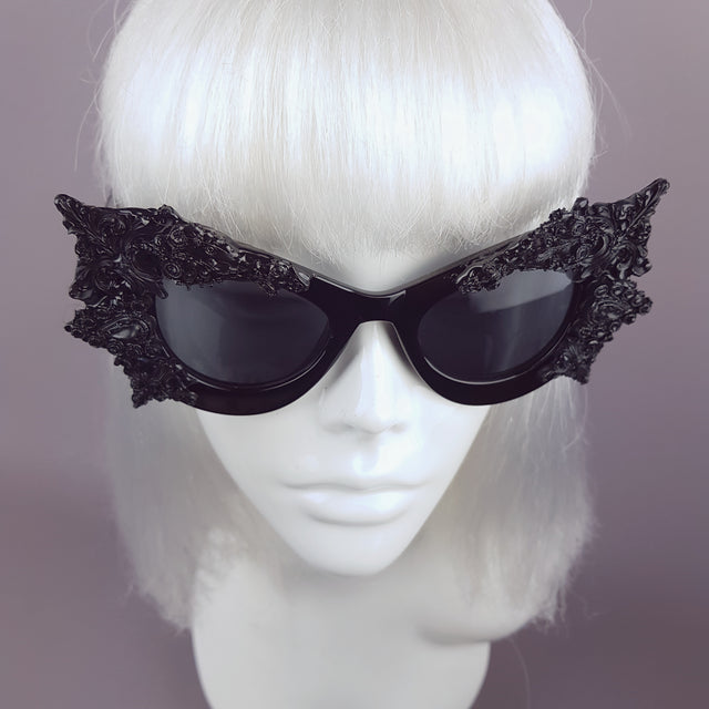"Eisheth" Black Filigree Bat Catseye Sunglasses