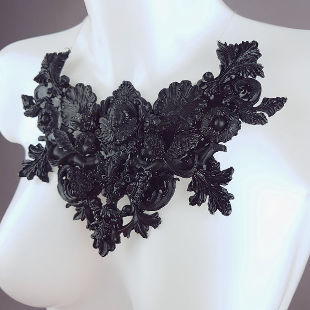 "Lezabel" Black Baroque Cherub Angels Filigree Neckpiece