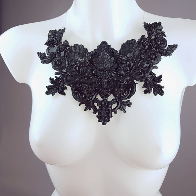 "Lezabel" Black Baroque Cherub Angels Filigree Neckpiece