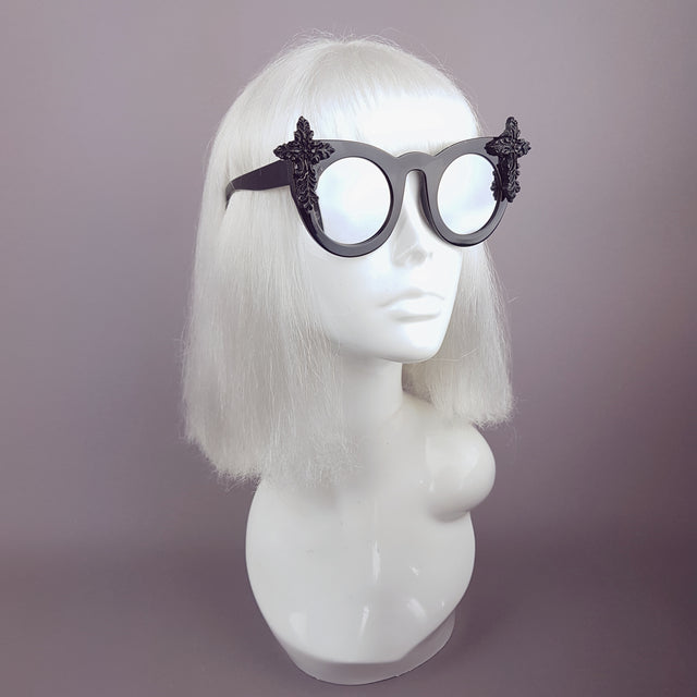 "Pure" Black Filigree Cross Mirrored Sunglasses