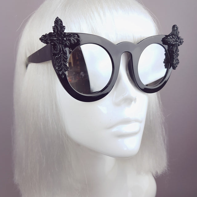 "Pure" Black Filigree Cross Mirrored Sunglasses