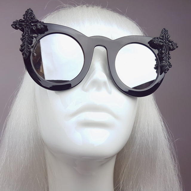 "Pure" Black Filigree Cross Mirrored Sunglasses