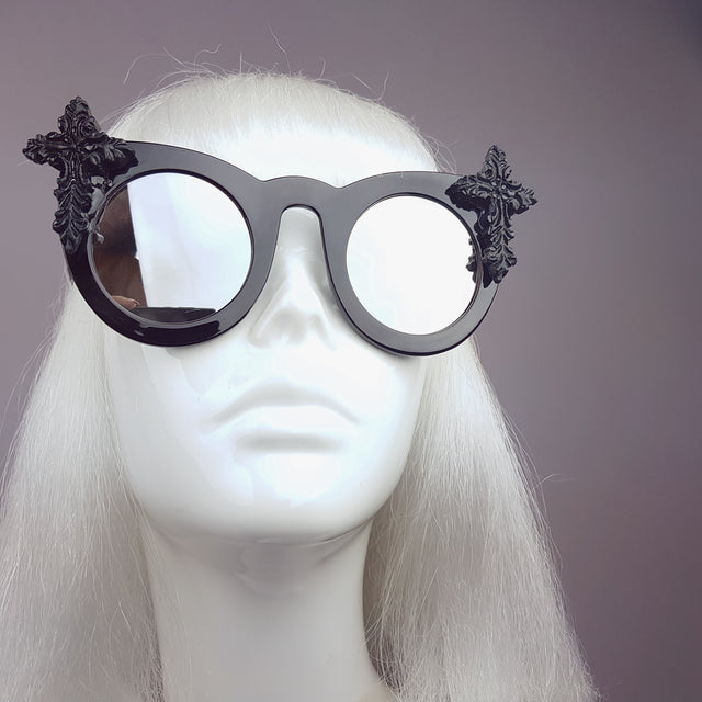 "Pure" Black Filigree Cross Mirrored Sunglasses