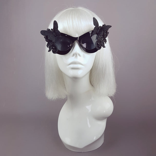 "Jezebeth" Black 3D Butterflies Filigree Catseye Sunglasses