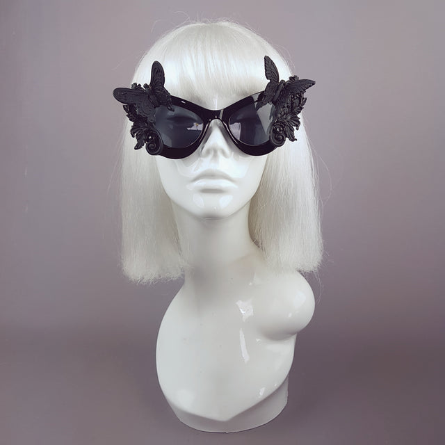 "Jezebeth" Black 3D Butterflies Filigree Catseye Sunglasses