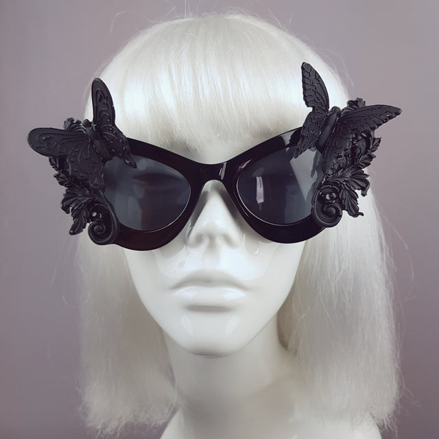"Jezebeth" Black 3D Butterflies Filigree Catseye Sunglasses