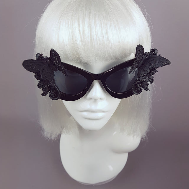 "Jezebeth" Black 3D Butterflies Filigree Catseye Sunglasses