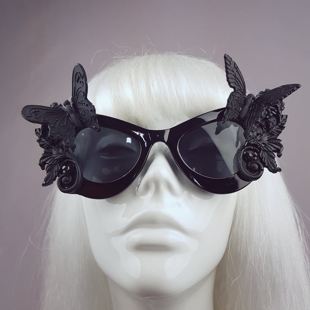 "Jezebeth" Black 3D Butterflies Filigree Catseye Sunglasses