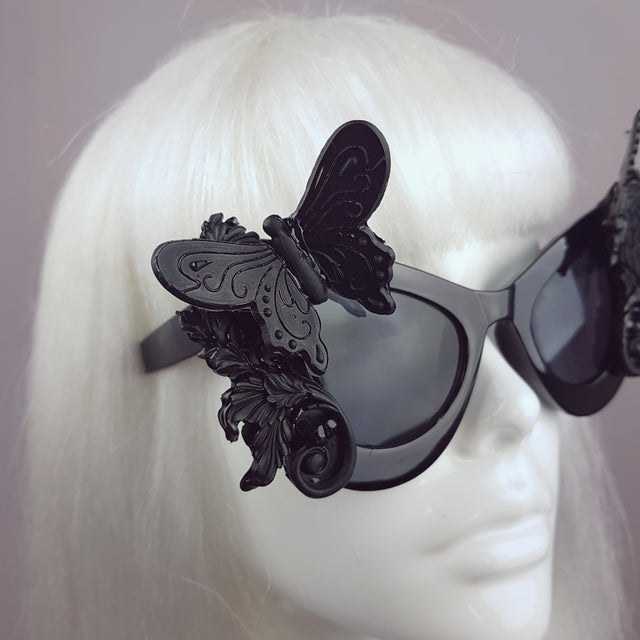 "Jezebeth" Black 3D Butterflies Filigree Catseye Sunglasses