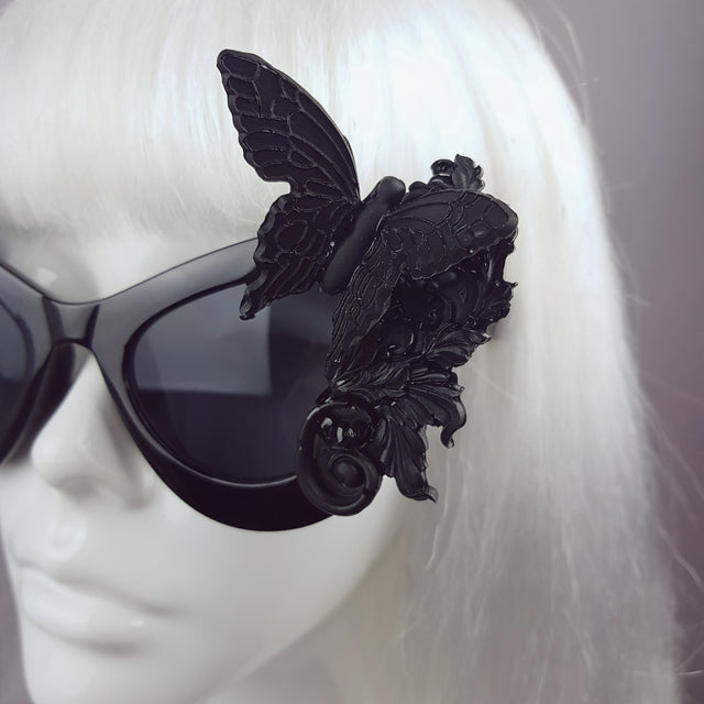 "Jezebeth" Black 3D Butterflies Filigree Catseye Sunglasses