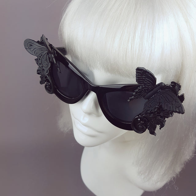 "Jezebeth" Black 3D Butterflies Filigree Catseye Sunglasses