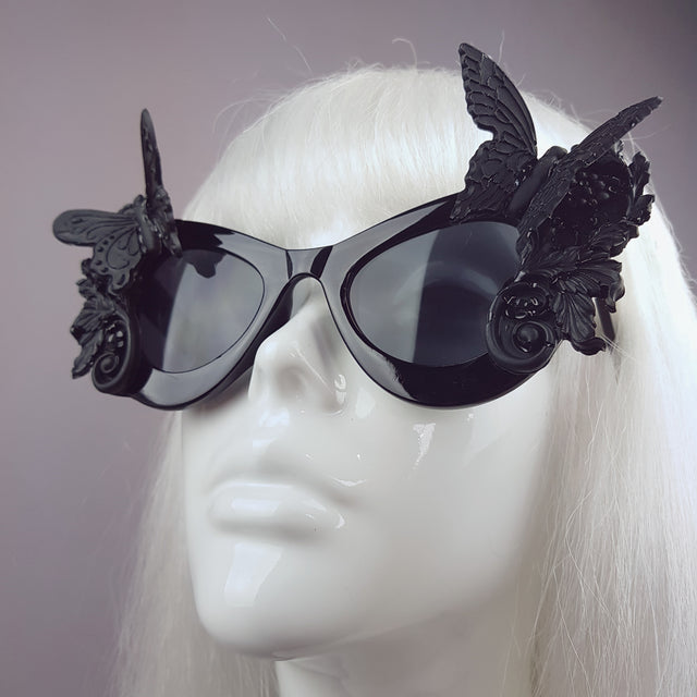 "Jezebeth" Black 3D Butterflies Filigree Catseye Sunglasses