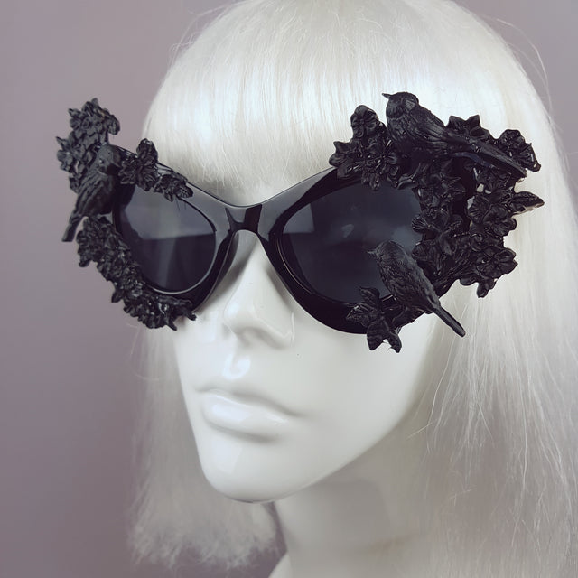 "Lilith" Black Bird & Flowers Filigree Catseye Sunglasses