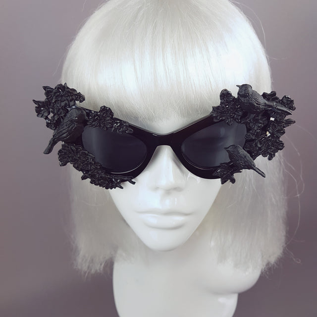 "Lilith" Black Bird & Flowers Filigree Catseye Sunglasses