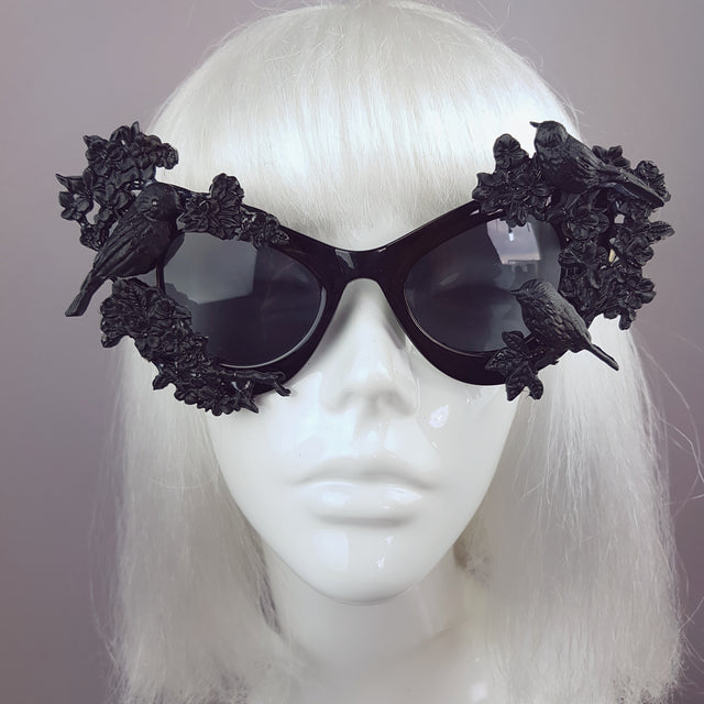 "Lilith" Black Bird & Flowers Filigree Catseye Sunglasses