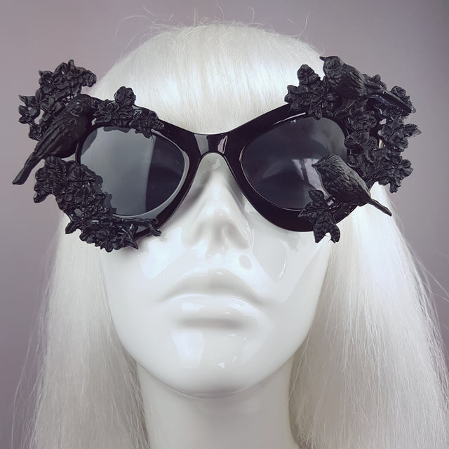 "Lilith" Black Bird & Flowers Filigree Catseye Sunglasses
