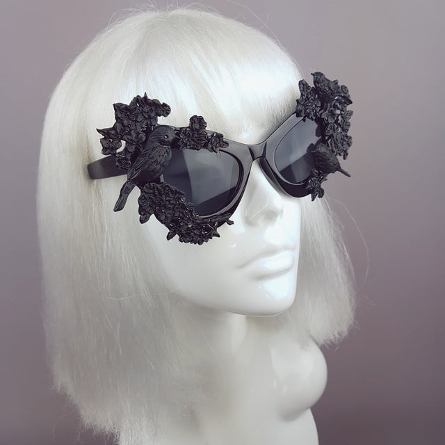 "Lilith" Black Bird & Flowers Filigree Catseye Sunglasses