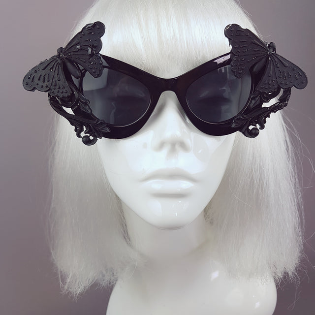 "Pandora" Black 3D Butterflies Filigree Catseye Sunglasses
