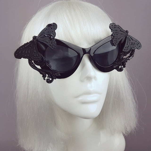 "Pandora" Black 3D Butterflies Filigree Catseye Sunglasses