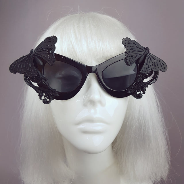 "Pandora" Black 3D Butterflies Filigree Catseye Sunglasses