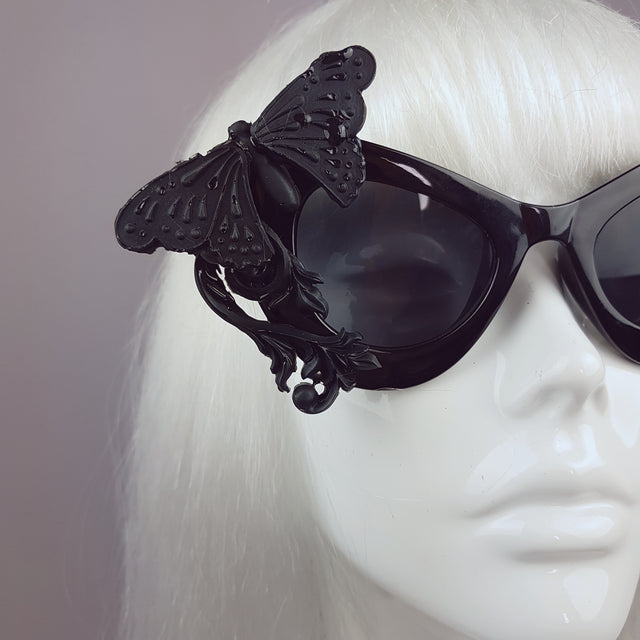 "Pandora" Black 3D Butterflies Filigree Catseye Sunglasses
