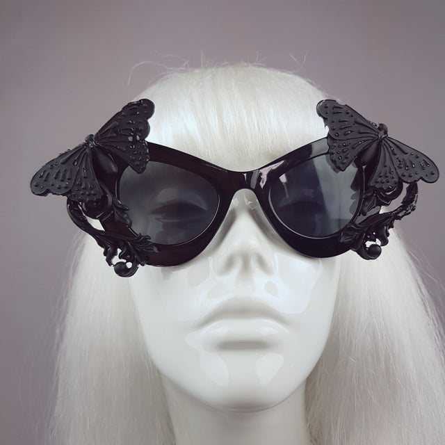 "Pandora" Black 3D Butterflies Filigree Catseye Sunglasses