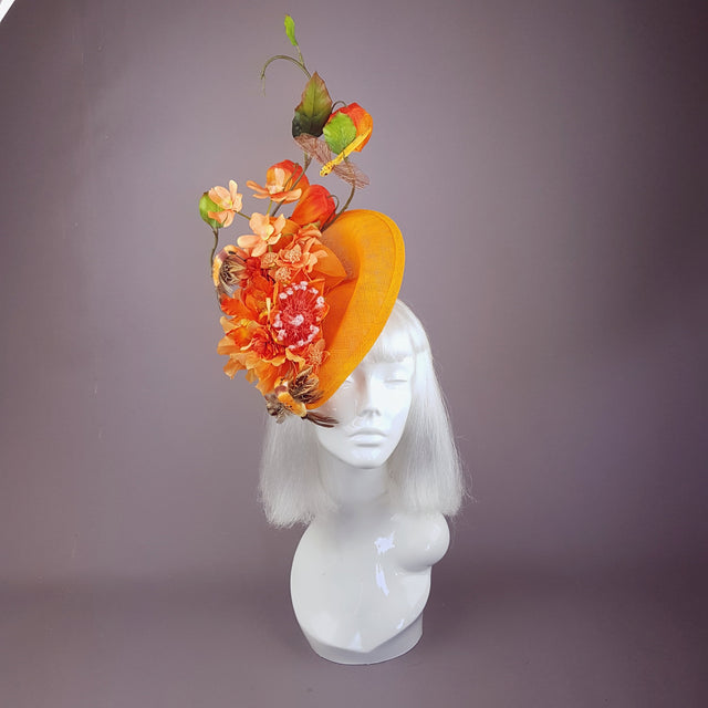 "Puesta de Sol" Orange Flowers & Hummingbirds Fascinator Hat