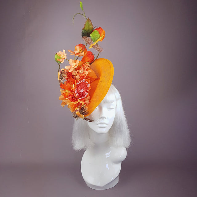 "Puesta de Sol" Orange Flowers & Hummingbirds Fascinator Hat